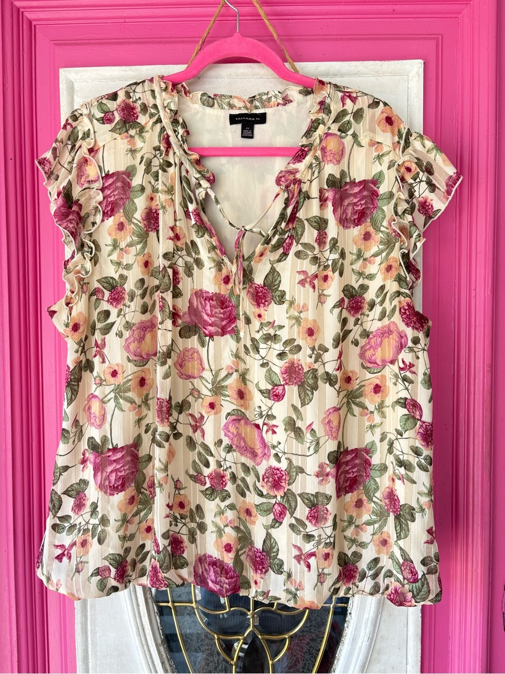 Floral Ruffle Cap-Sleeve Blouse - Cream with Pink Floral Print